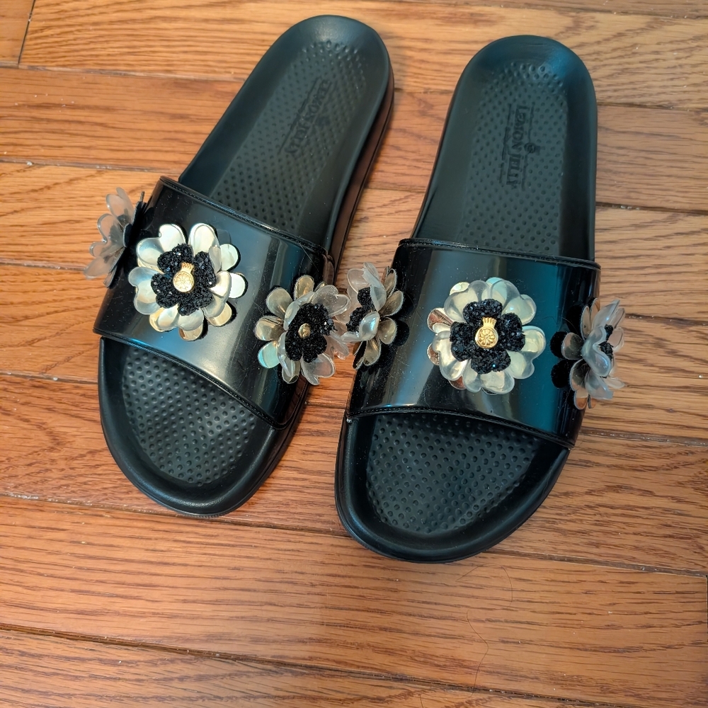 Black Slide Sandals with Floral Embellishments